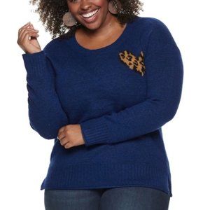 EVRI Graphic Leopard Heart Blue Sweater 4X